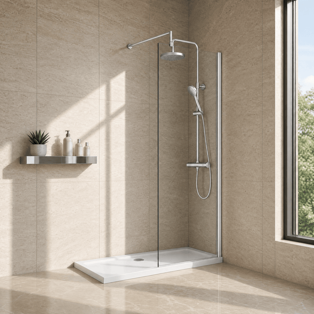 [BEWS18760] Drakelow 8mm Toughened Safety Glass Wetroom Screen with Support Bar, Choice of Size & Finish - Silo