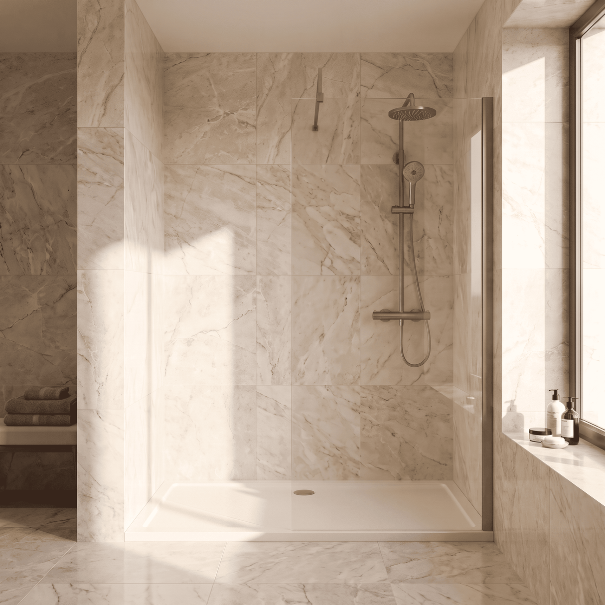 [BEWS18800BB] Balterley 8mm Toughened Safety Glass Wetroom Screen with Support Bar - Choice of Size and Profile Finish - Lifestyle 1