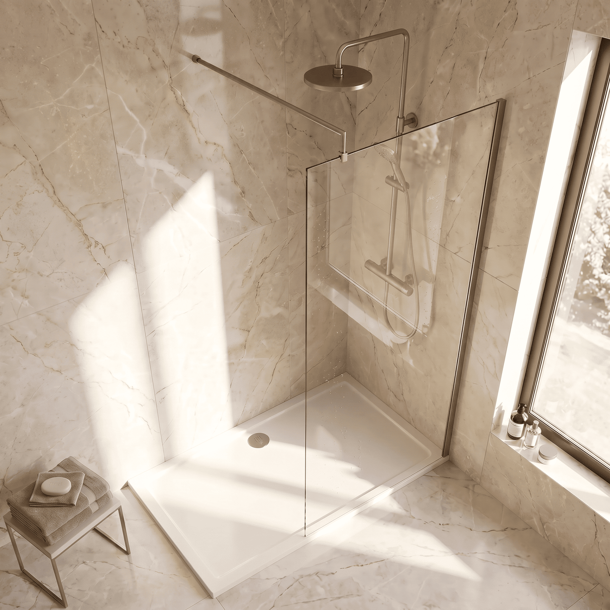 [BEWS18800BB] Balterley 8mm Toughened Safety Glass Wetroom Screen with Support Bar - Choice of Size and Profile Finish - Lifestyle 2