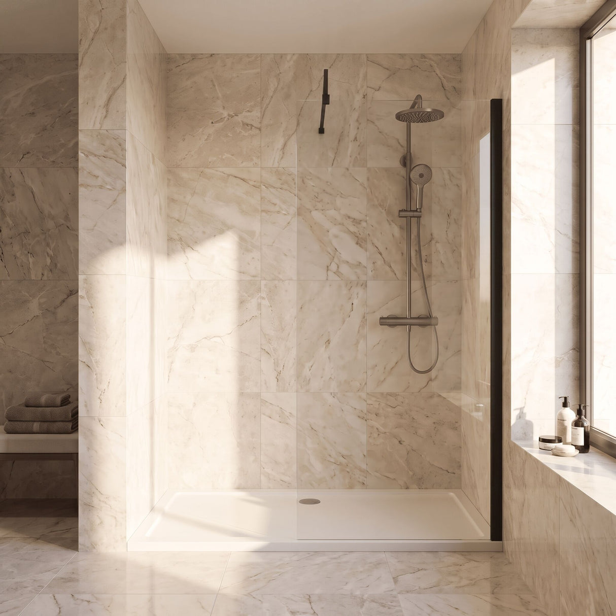 [BEWS18800BP] Balterley 8mm Toughened Safety Glass Wetroom Screen with Support Bar - Choice of Size and Profile Finish - Lifestyle 1
