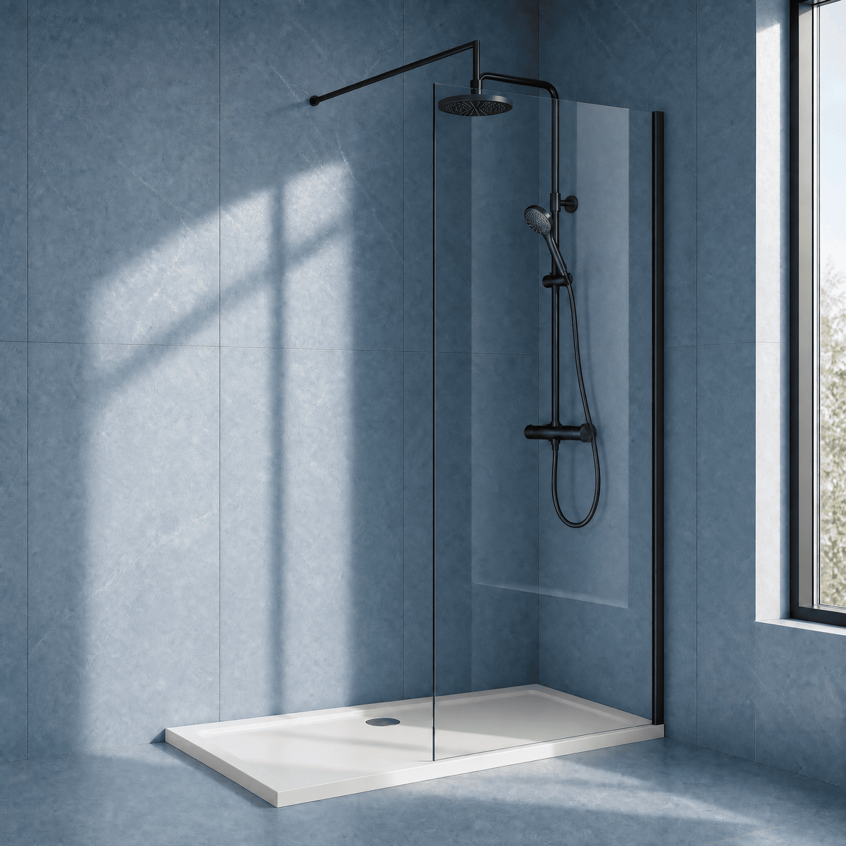 [BEWS18800BP] Balterley 8mm Toughened Safety Glass Wetroom Screen with Support Bar - Choice of Size and Profile Finish - Silo