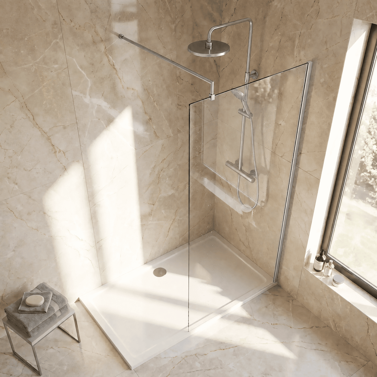 [BEWS18800] Balterley 8mm Toughened Safety Glass Wetroom Screen with Support Bar - Choice of Size and Profile Finish - Lifestyle 2