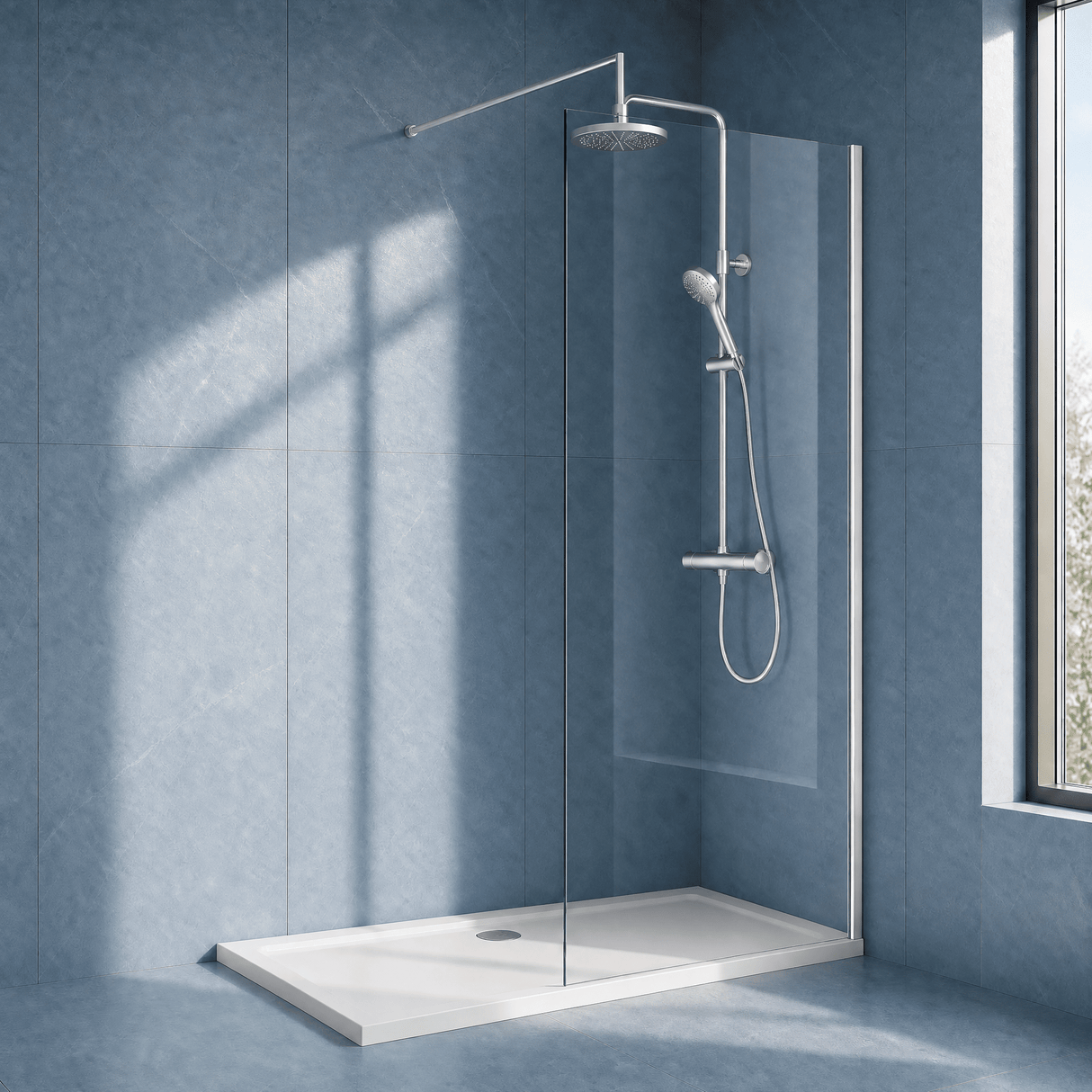 [BEWS18800] Balterley 8mm Toughened Safety Glass Wetroom Screen with Support Bar - Choice of Size and Profile Finish - Silo