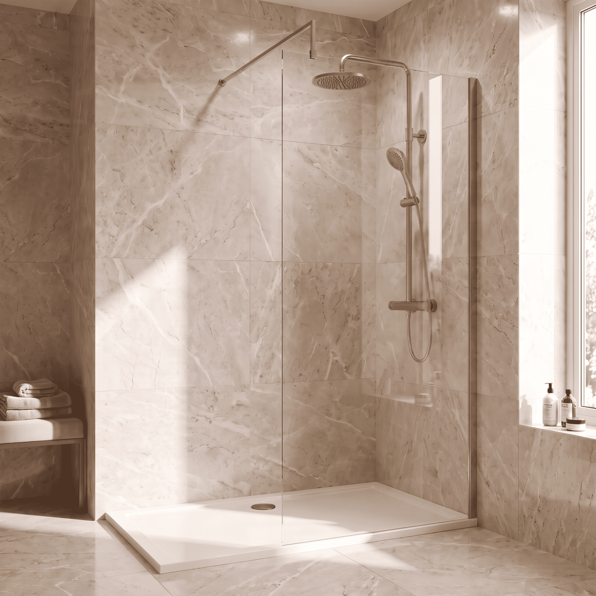 [BEWS18900BB] Balterley 8mm Toughened Safety Glass Wetroom Screen with Support Bar - Choice of Size and Profile Finish - Lifestyle 1
