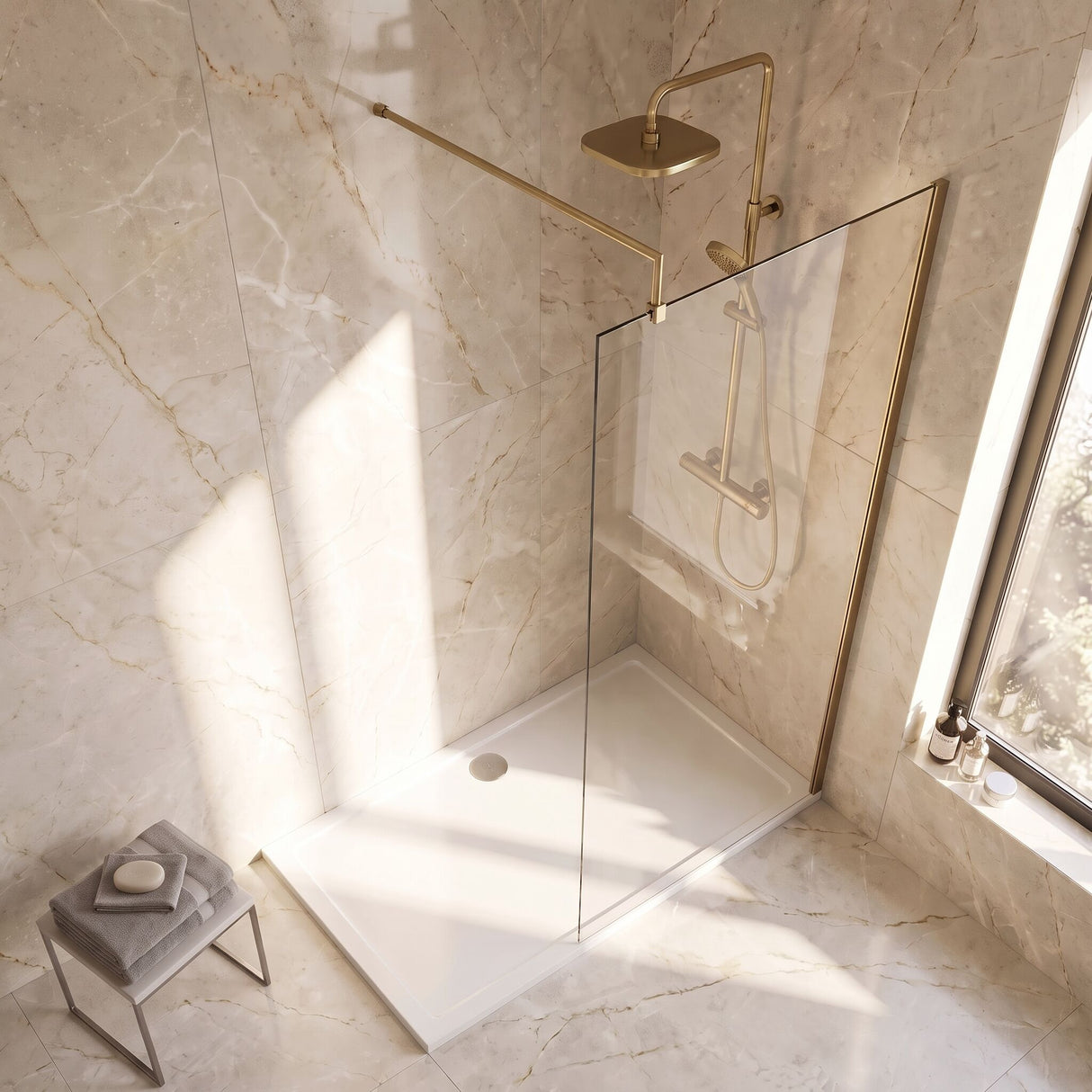 [BEWS18900BB] Balterley 8mm Toughened Safety Glass Wetroom Screen with Support Bar - Choice of Size and Profile Finish - Lifestyle 2
