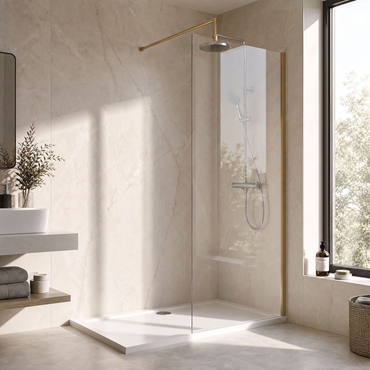 [BEWS18900BB] Balterley 8mm Toughened Safety Glass Wetroom Screen with Support Bar - Choice of Size and Profile Finish - Lifestyle 3