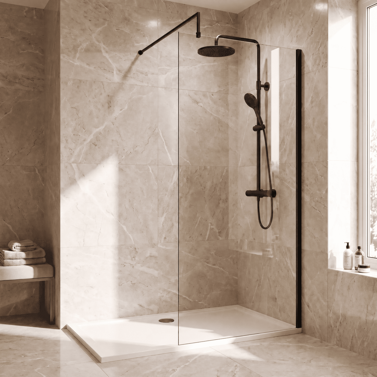 [BEWS18900BP] Balterley 8mm Toughened Safety Glass Wetroom Screen with Support Bar - Choice of Size and Profile Finish - Lifestyle 1