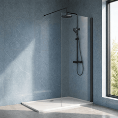 [BEWS18900BP] Balterley 8mm Toughened Safety Glass Wetroom Screen with Support Bar - Choice of Size and Profile Finish - Silo
