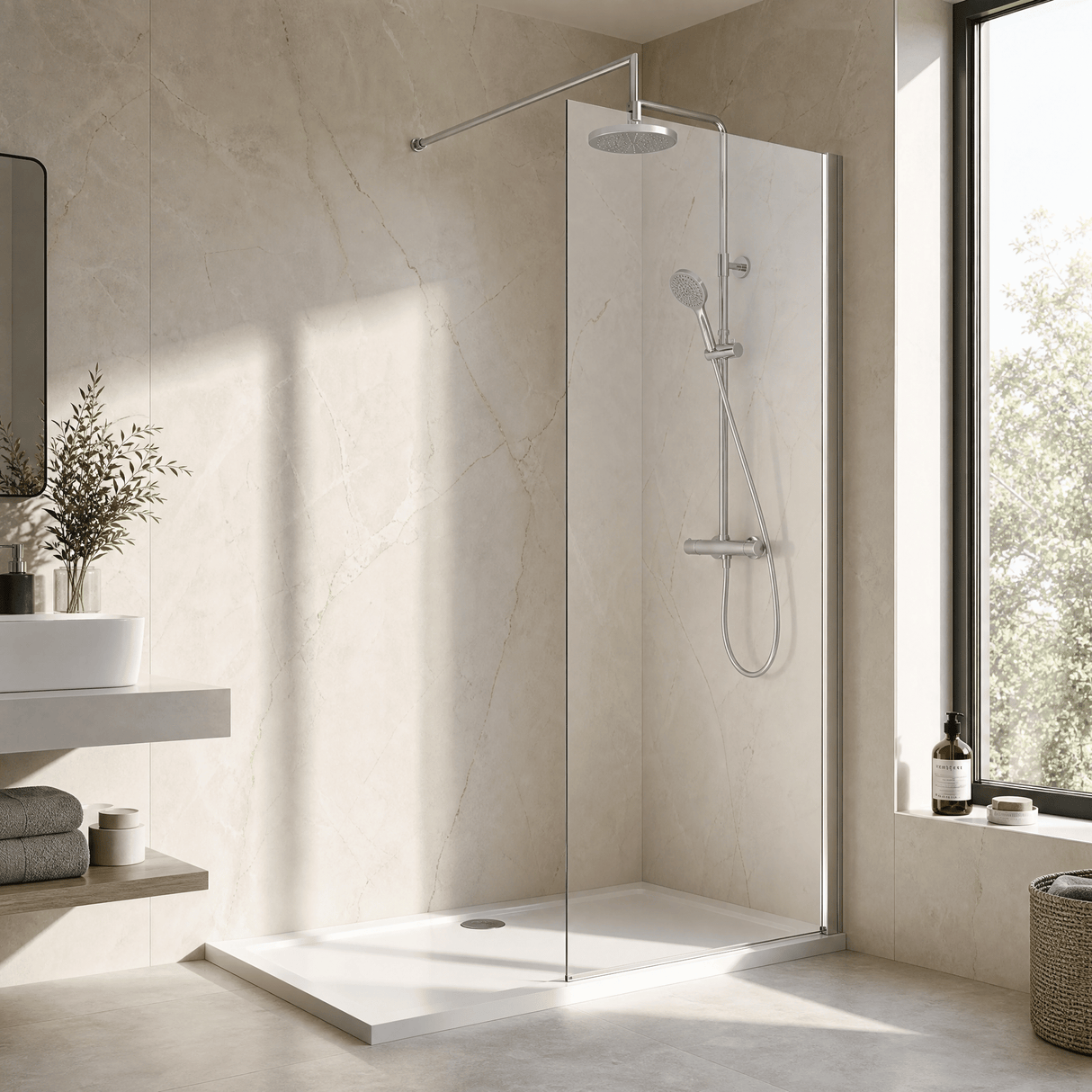 [BEWS18900] Balterley 8mm Toughened Safety Glass Wetroom Screen with Support Bar - Choice of Size and Profile Finish - Lifestyle 3