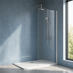 [BEWS18900] Balterley 8mm Toughened Safety Glass Wetroom Screen with Support Bar - Choice of Size and Profile Finish - Silo