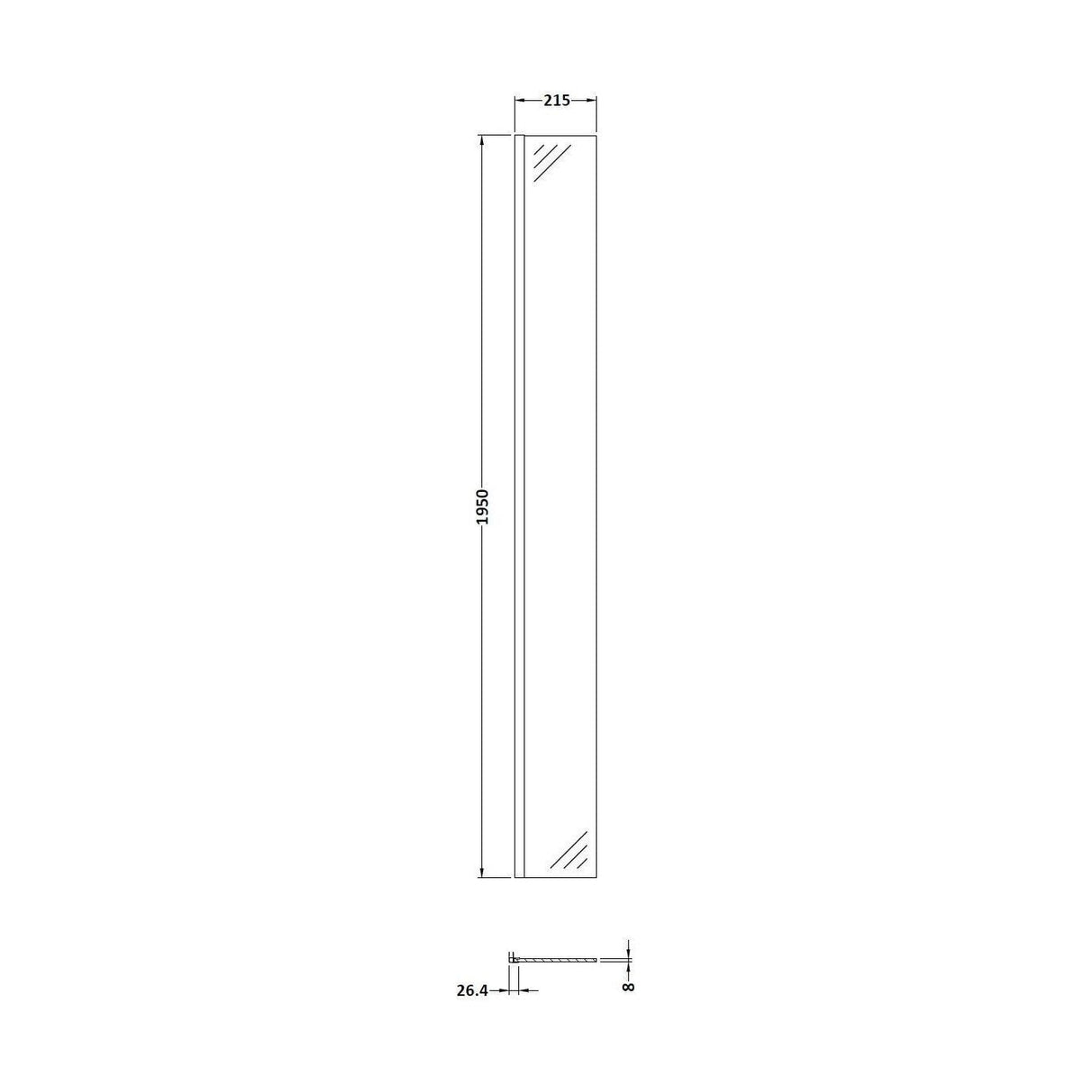 [BEWSBB250] Balterley Contemporary Bathroom 8mm Glass Wetroom Return Screen with Brass Profile, Brushed Brass, 1950 x 28 x 215mm - Technical Drawing