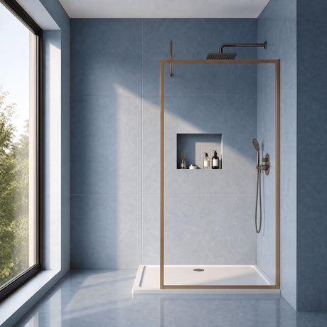 [BEWSFBZ1810] Bilbrook Contemporary 8mm Toughened Safety Glass Outer Framed Wetroom Screen with Support Arm, H: 1850mm, Choice of Size and Finish - Silo