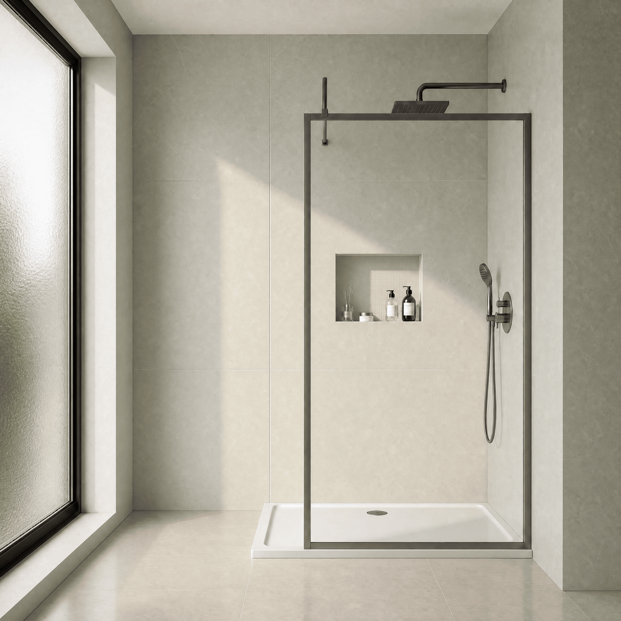 [BEWSFGM1810] Bilbrook Contemporary 8mm Toughened Safety Glass Outer Framed Wetroom Screen with Support Arm, H: 1850mm, Choice of Size and Finish - Silo