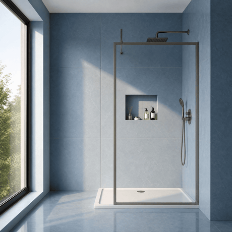[BEWSFGM1810] Bilbrook Contemporary 8mm Toughened Safety Glass Outer Framed Wetroom Screen with Support Arm, H: 1850mm, Choice of Size and Finish - Silo