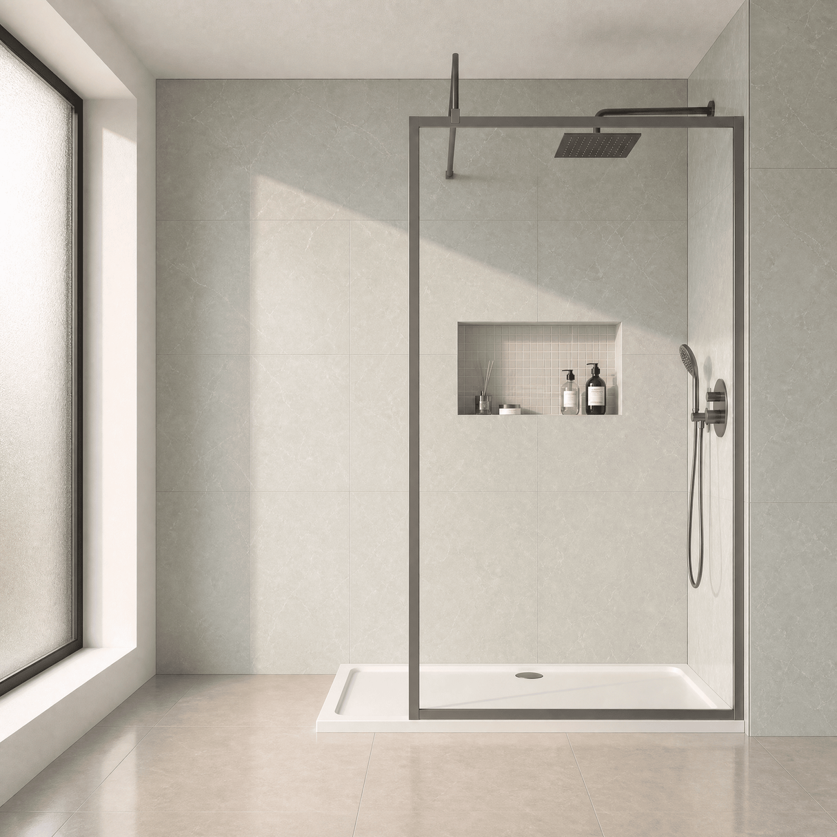 [BEWSFGM1812] Bilbrook Contemporary 8mm Toughened Safety Glass Outer Framed Wetroom Screen with Support Arm, H: 1850mm, Choice of Size and Finish - Silo