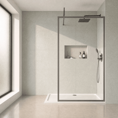 [BEWSFGM1812] Bilbrook Contemporary 8mm Toughened Safety Glass Outer Framed Wetroom Screen with Support Arm, H: 1850mm, Choice of Size and Finish - Silo