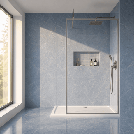 [BEWSFGM1812] Bilbrook Contemporary 8mm Toughened Safety Glass Outer Framed Wetroom Screen with Support Arm, H: 1850mm, Choice of Size and Finish - Silo