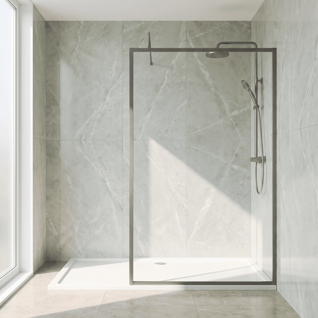 [BEWSFGM1814] Bilbrook Contemporary 8mm Toughened Safety Glass Outer Framed Wetroom Screen with Support Arm, H: 1850mm, Choice of Size and Finish - Silo