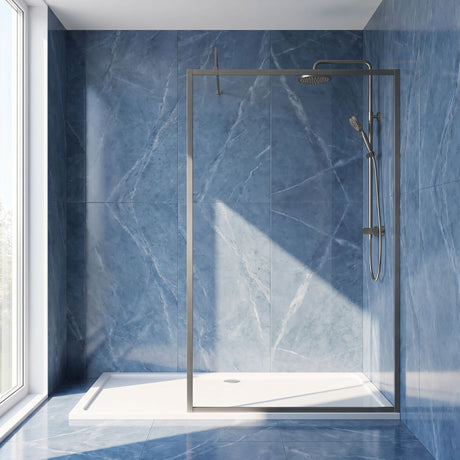 [BEWSFGM1814] Bilbrook Contemporary 8mm Toughened Safety Glass Outer Framed Wetroom Screen with Support Arm, H: 1850mm, Choice of Size and Finish - Silo