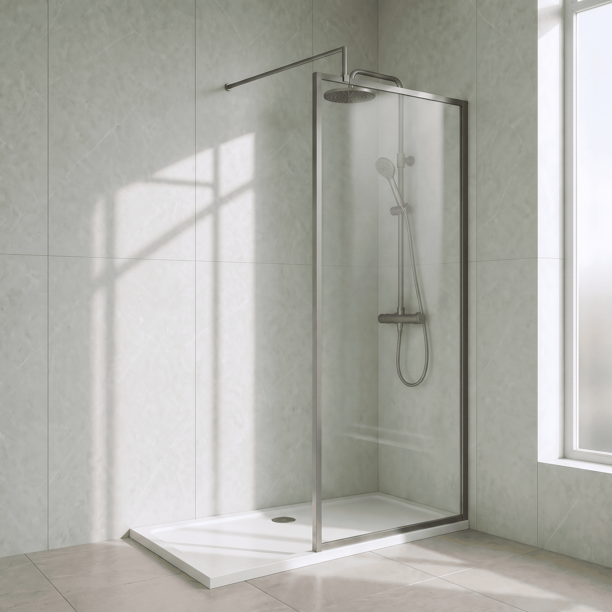 [BEWSFGM1870] Bilbrook Contemporary 8mm Toughened Safety Glass Outer Framed Wetroom Screen with Support Arm, H: 1850mm, Choice of Size and Finish - Silo