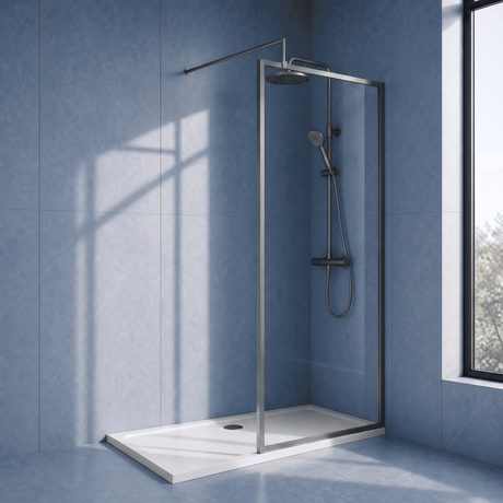 [BEWSFGM1870] Bilbrook Contemporary 8mm Toughened Safety Glass Outer Framed Wetroom Screen with Support Arm, H: 1850mm, Choice of Size and Finish - Silo