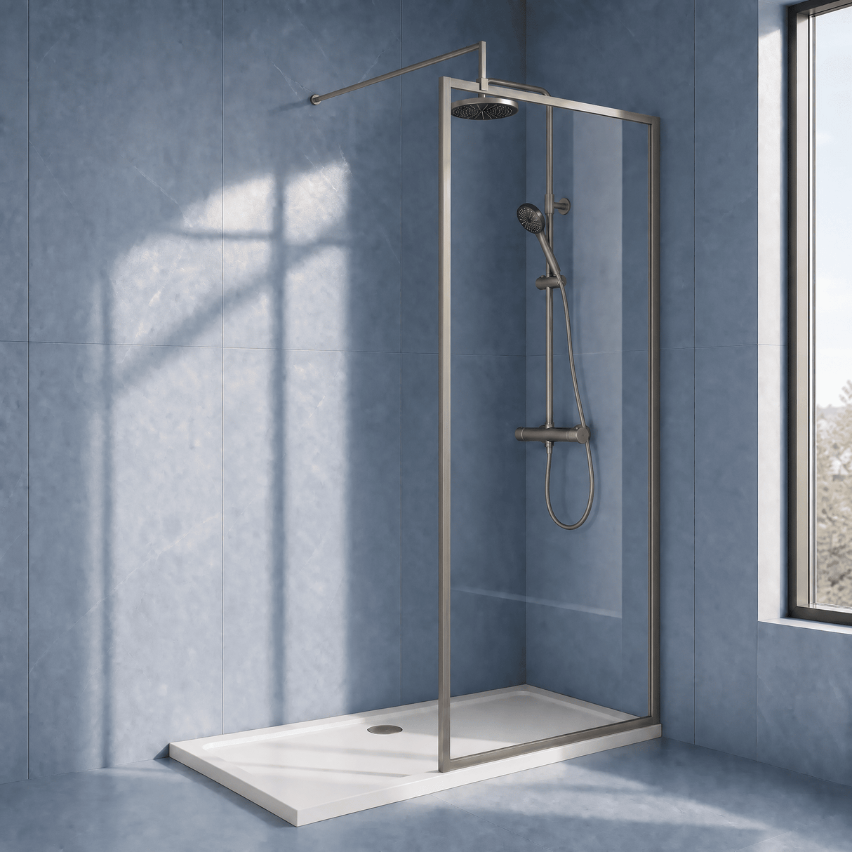 [BEWSFGM1876] Bilbrook Contemporary 8mm Toughened Safety Glass Outer Framed Wetroom Screen with Support Arm, H: 1850mm, Choice of Size and Finish - Silo