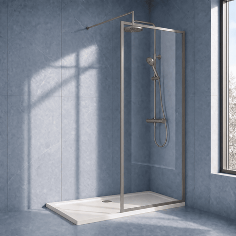 [BEWSFGM1880] Bilbrook Contemporary 8mm Toughened Safety Glass Outer Framed Wetroom Screen with Support Arm, H: 1850mm, Choice of Size and Finish - Silo
