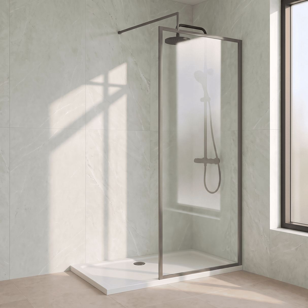 [BEWSFGM1890] Bilbrook Contemporary 8mm Toughened Safety Glass Outer Framed Wetroom Screen with Support Arm, H: 1850mm, Choice of Size and Finish - Silo