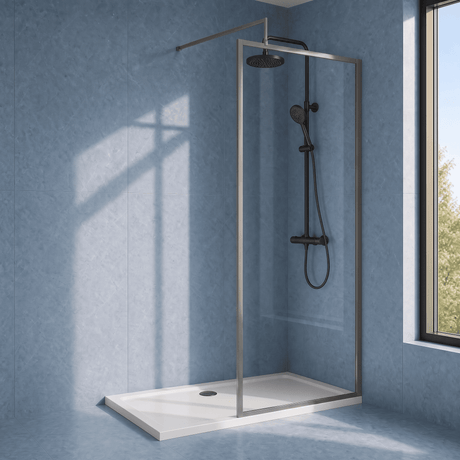 [BEWSFGM1890] Bilbrook Contemporary 8mm Toughened Safety Glass Outer Framed Wetroom Screen with Support Arm, H: 1850mm, Choice of Size and Finish - Silo