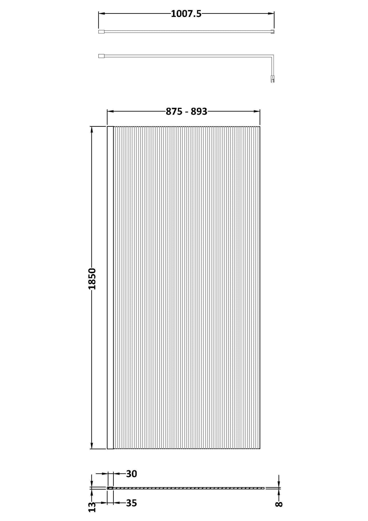 [BEWSFL18590GM] Shebdon 8mm Toughened Safety Glass Wetroom Screen with Support Bar, H: 1850mm, Choice of Size and Colour - Technical Drawing
