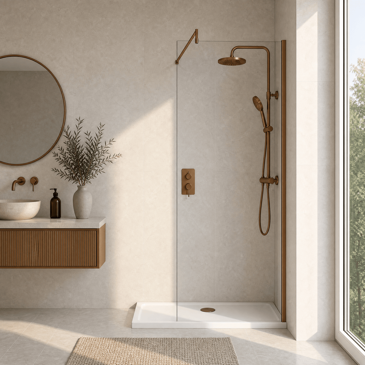 [BEWSSCBZ010] Balterley Wetroom Screen with Support Bar, 1000mm, Brushed Bronze - Lifestyle 1