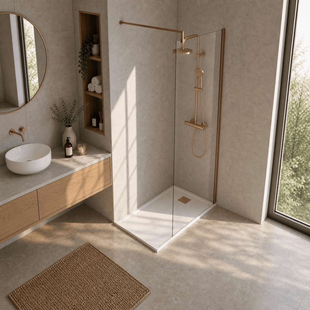 [BEWSSCBZ010] Balterley Wetroom Screen with Support Bar, 1000mm, Brushed Bronze - Lifestyle 2