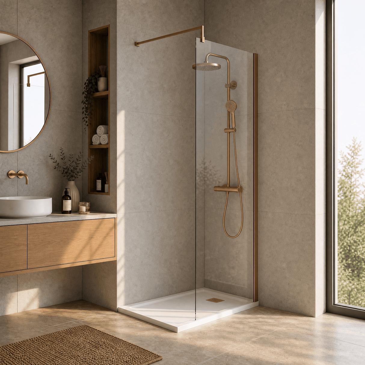 [BEWSSCBZ010] Balterley Wetroom Screen with Support Bar, 1000mm, Brushed Bronze - Lifestyle 3