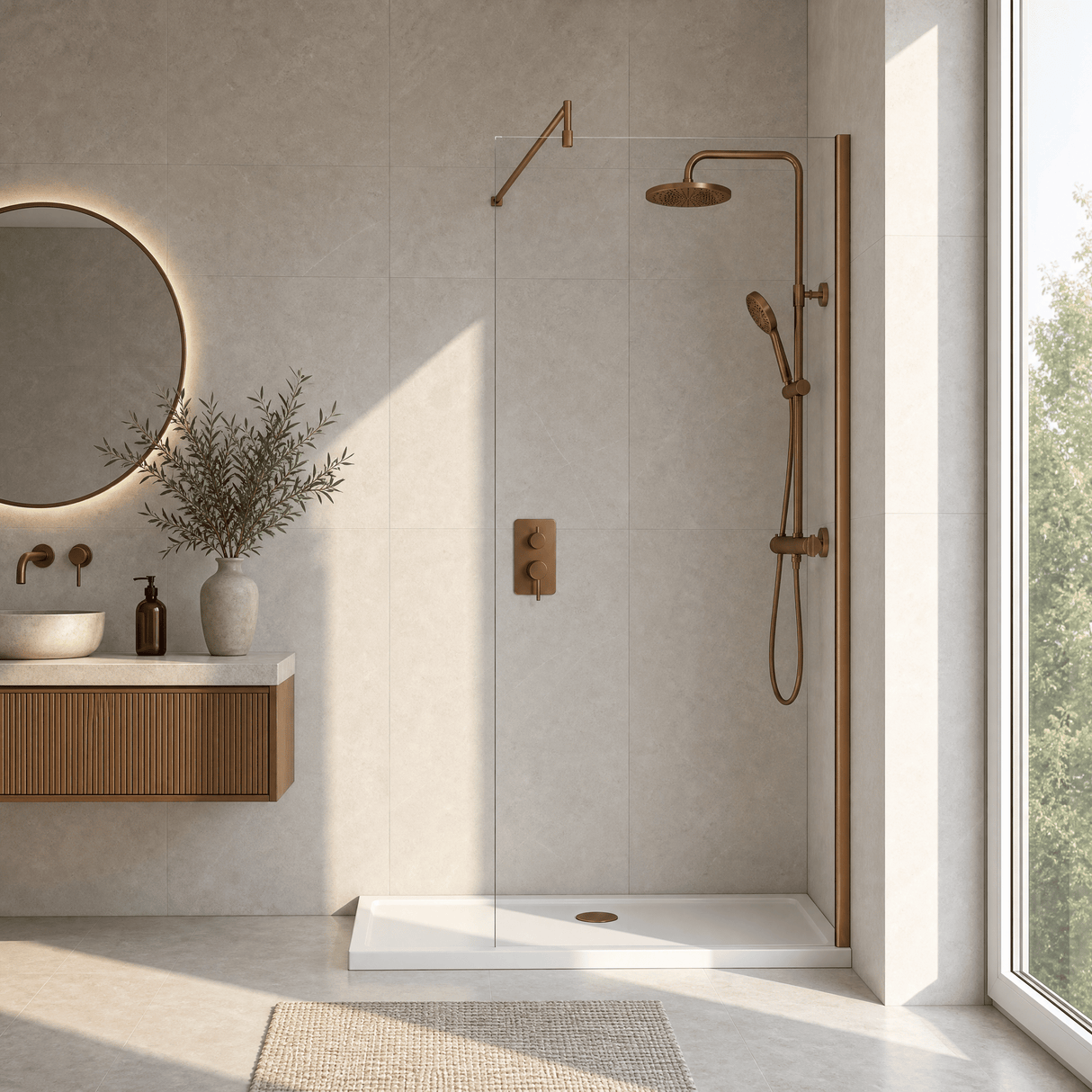 [BEWSSCBZ011] Balterley Wetroom Screen with Support Bar, 1100mm, Brushed Bronze - Lifestyle 1