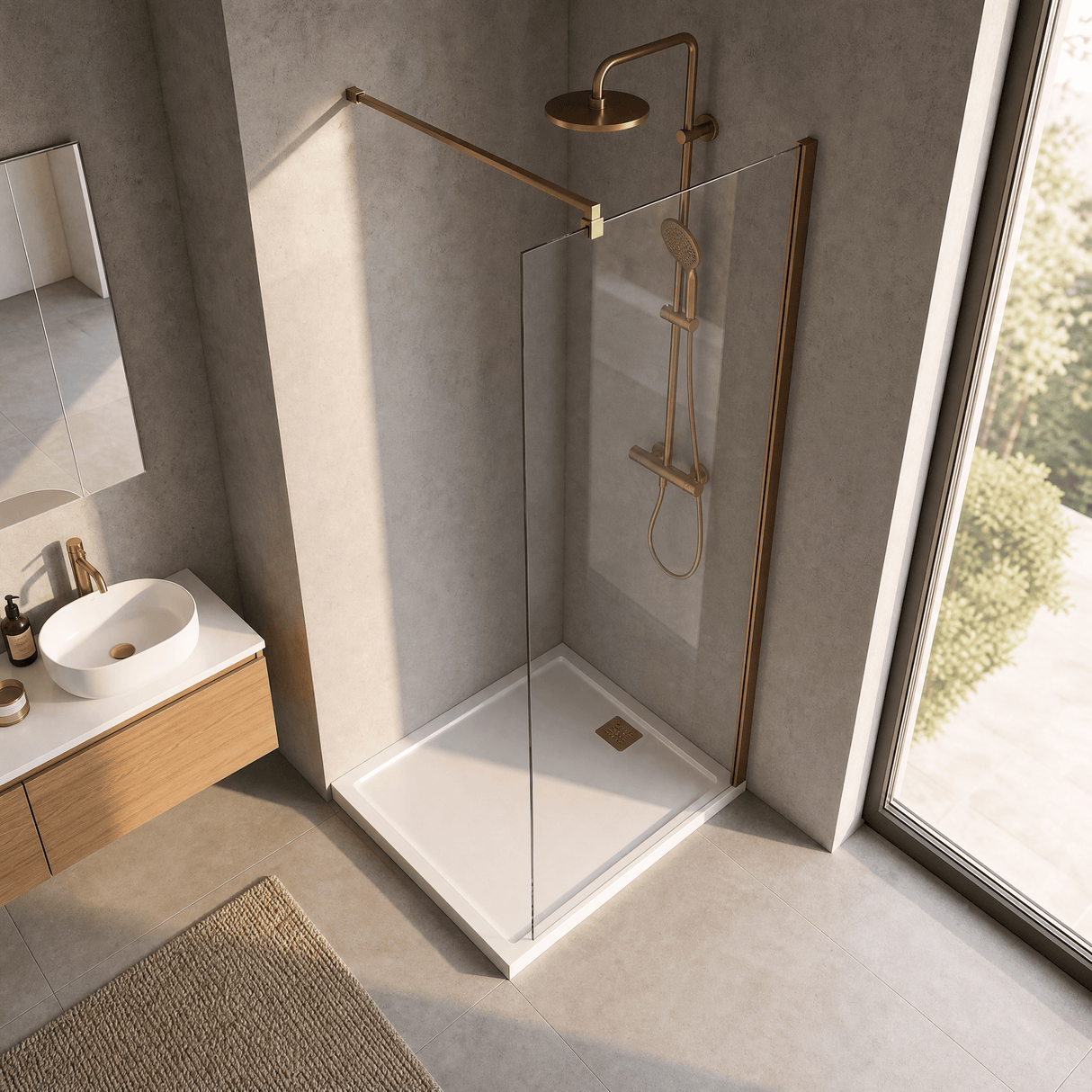 [BEWSSCBZ011] Balterley Wetroom Screen with Support Bar, 1100mm, Brushed Bronze - Lifestyle 2