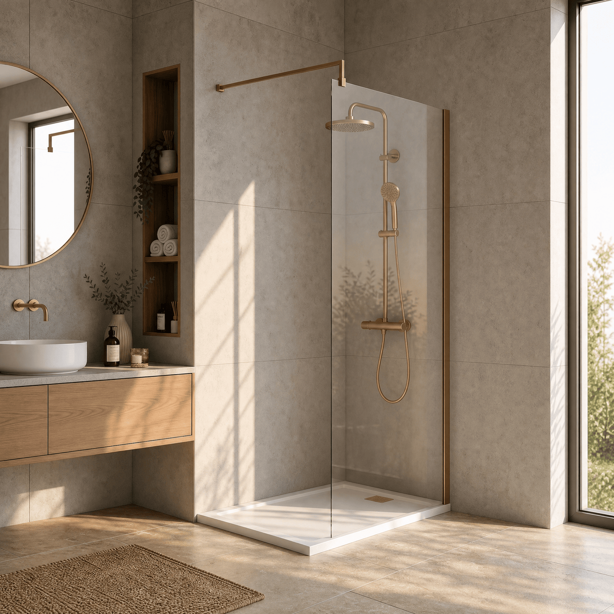 [BEWSSCBZ011] Balterley Wetroom Screen with Support Bar, 1100mm, Brushed Bronze - Lifestyle 3