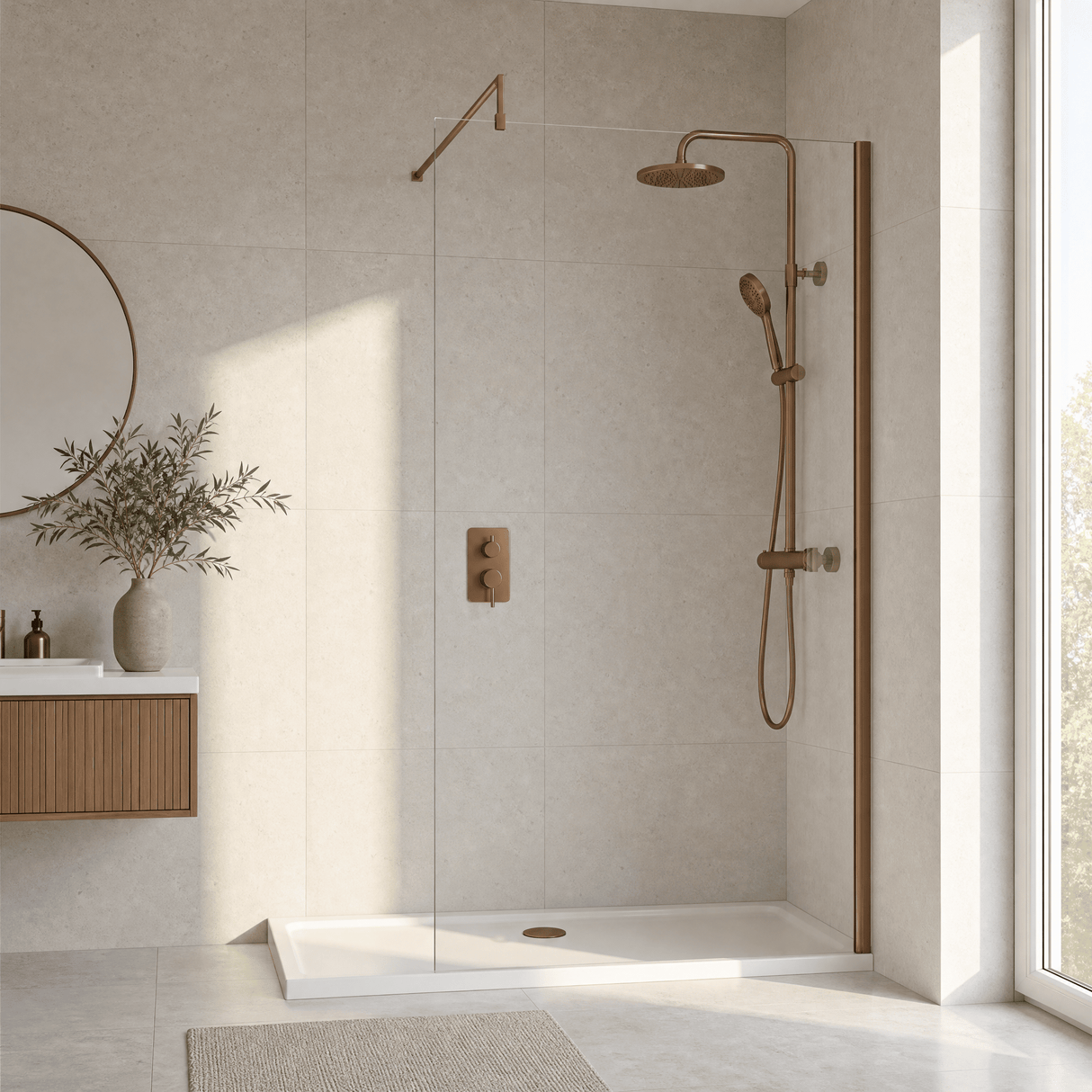 [BEWSSCBZ012] Balterley Wetroom Screen with Support Bar, 1200mm, Brushed Bronze - Lifestyle 1