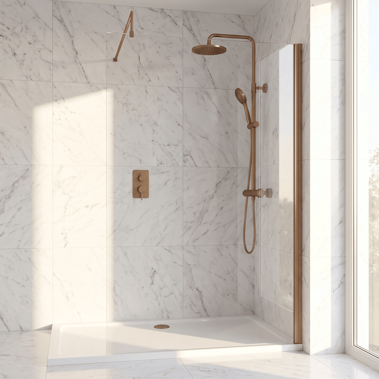 [BEWSSCBZ014] Balterley Wetroom Screen with Support Bar, 1400mm, Brushed Bronze - Lifestyle 1