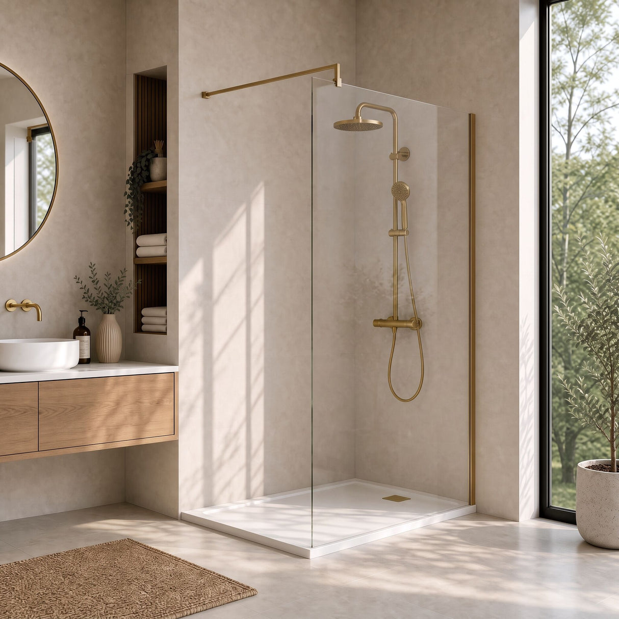 [BEWSSCBZ014] Balterley Wetroom Screen with Support Bar, 1400mm, Brushed Bronze - Lifestyle 3