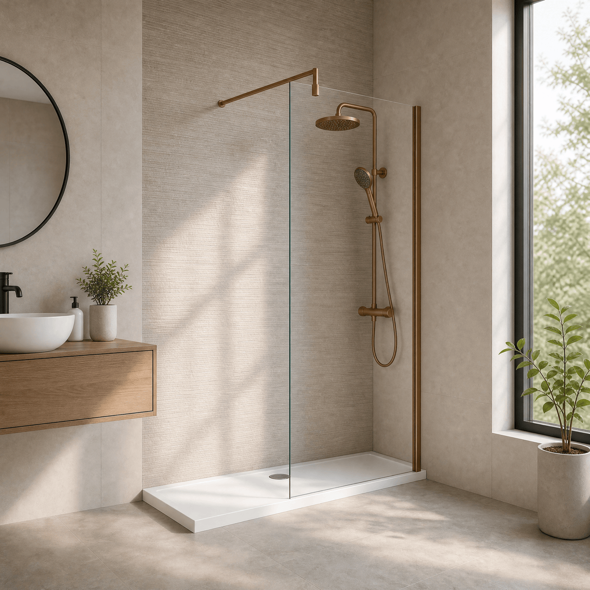 [BEWSSCBZ070] Balterley Wetroom Screen with Support Bar, 700mm, Brushed Bronze - Lifestyle 3