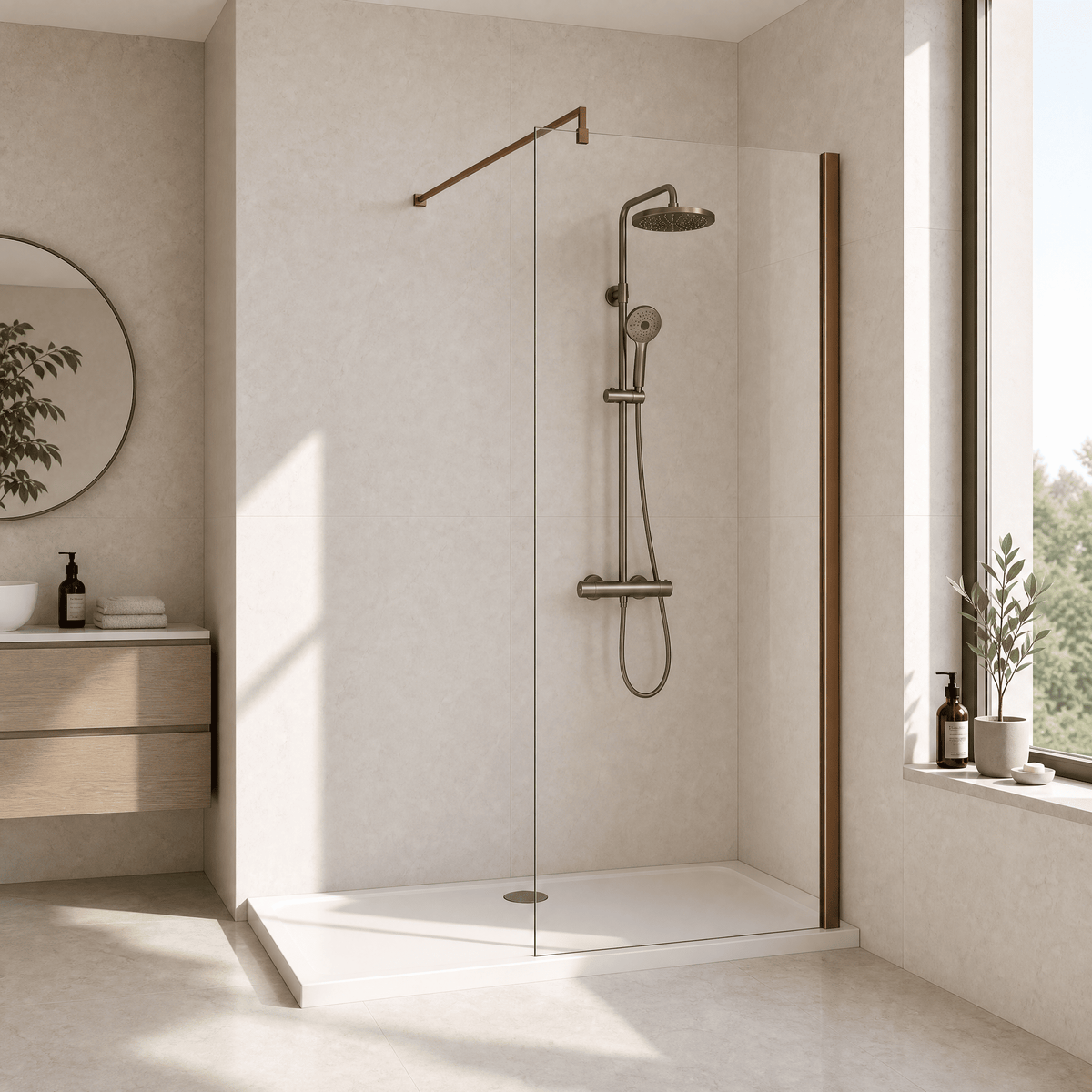 [BEWSSCBZ076] 8mm Toughened Safety Glass Wetroom Screen with Support Bar, H: 1850mm, Brushed Bronze - Choice of Size - Lifestyle 1