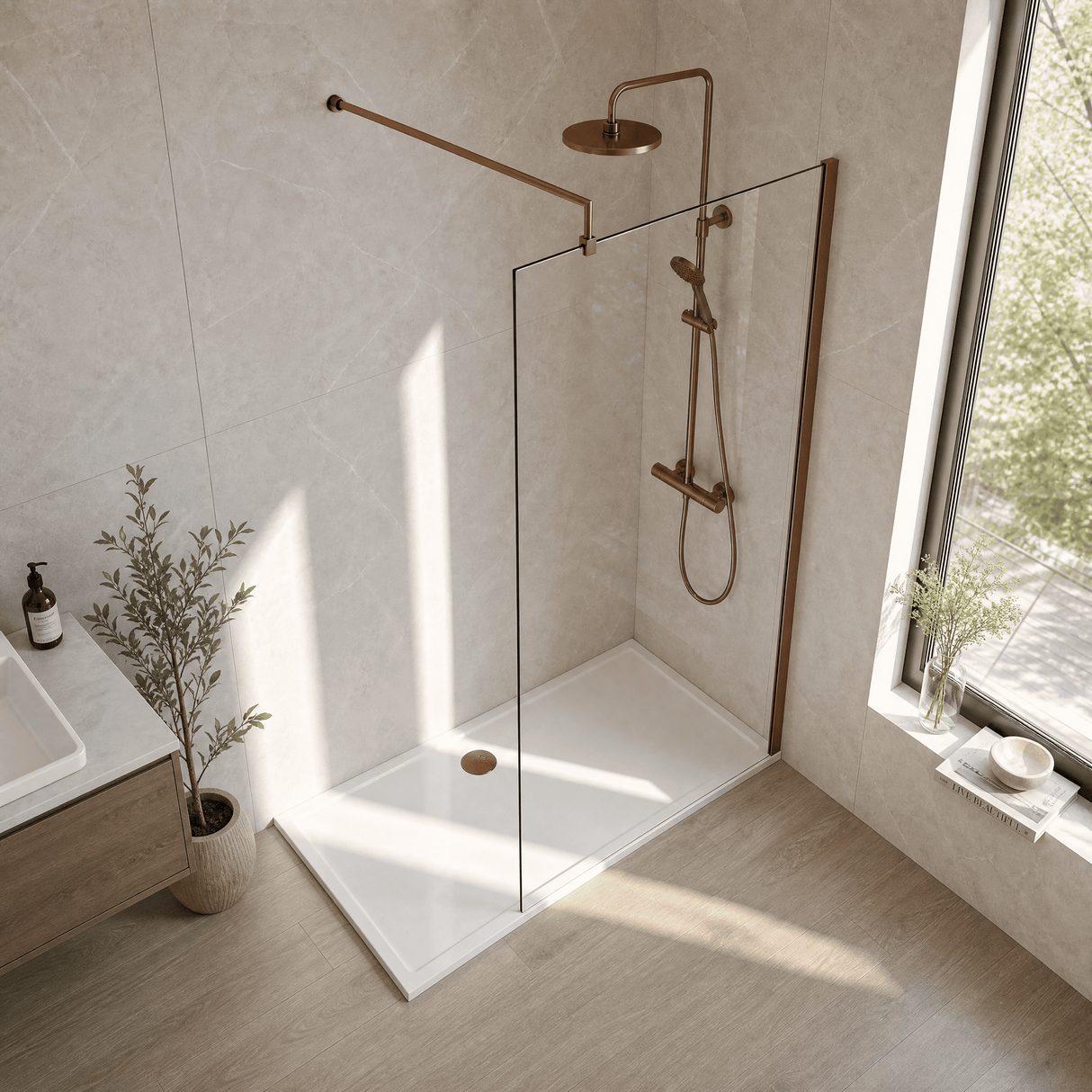 [BEWSSCBZ076] Balterley Wetroom Screen with Support Bar, 760mm, Brushed Bronze - Lifestyle 2