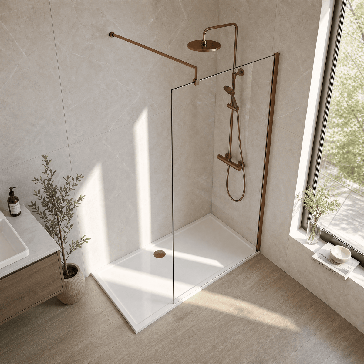 [BEWSSCBZ076] 8mm Toughened Safety Glass Wetroom Screen with Support Bar, H: 1850mm, Brushed Bronze - Choice of Size - Lifestyle 2