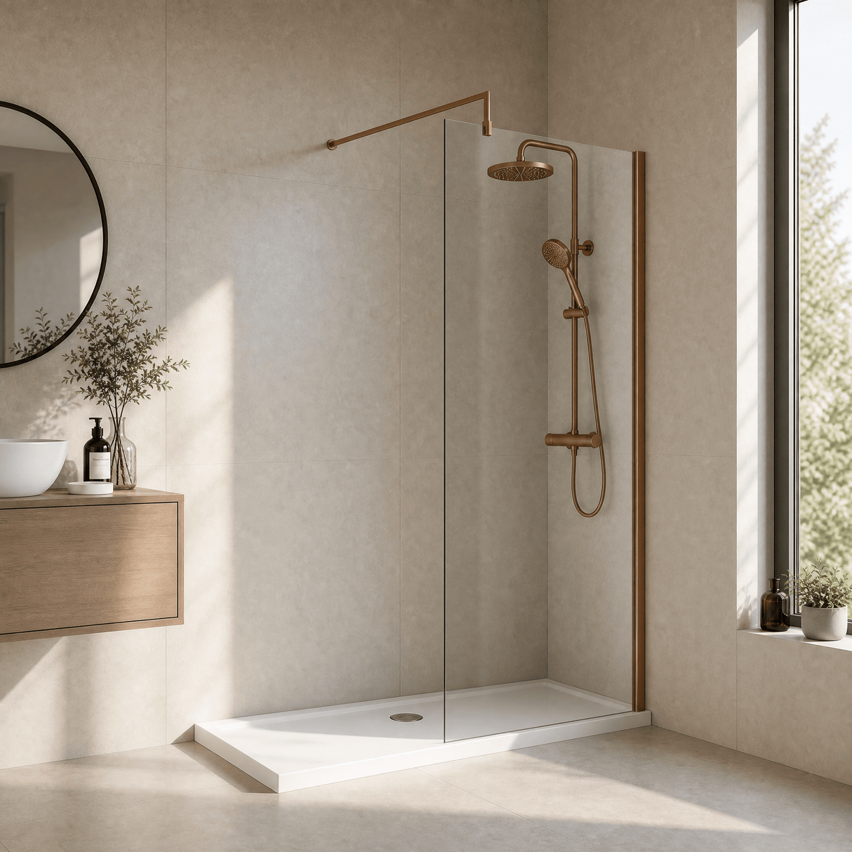 [BEWSSCBZ076] Balterley Wetroom Screen with Support Bar, 760mm, Brushed Bronze - Lifestyle 3