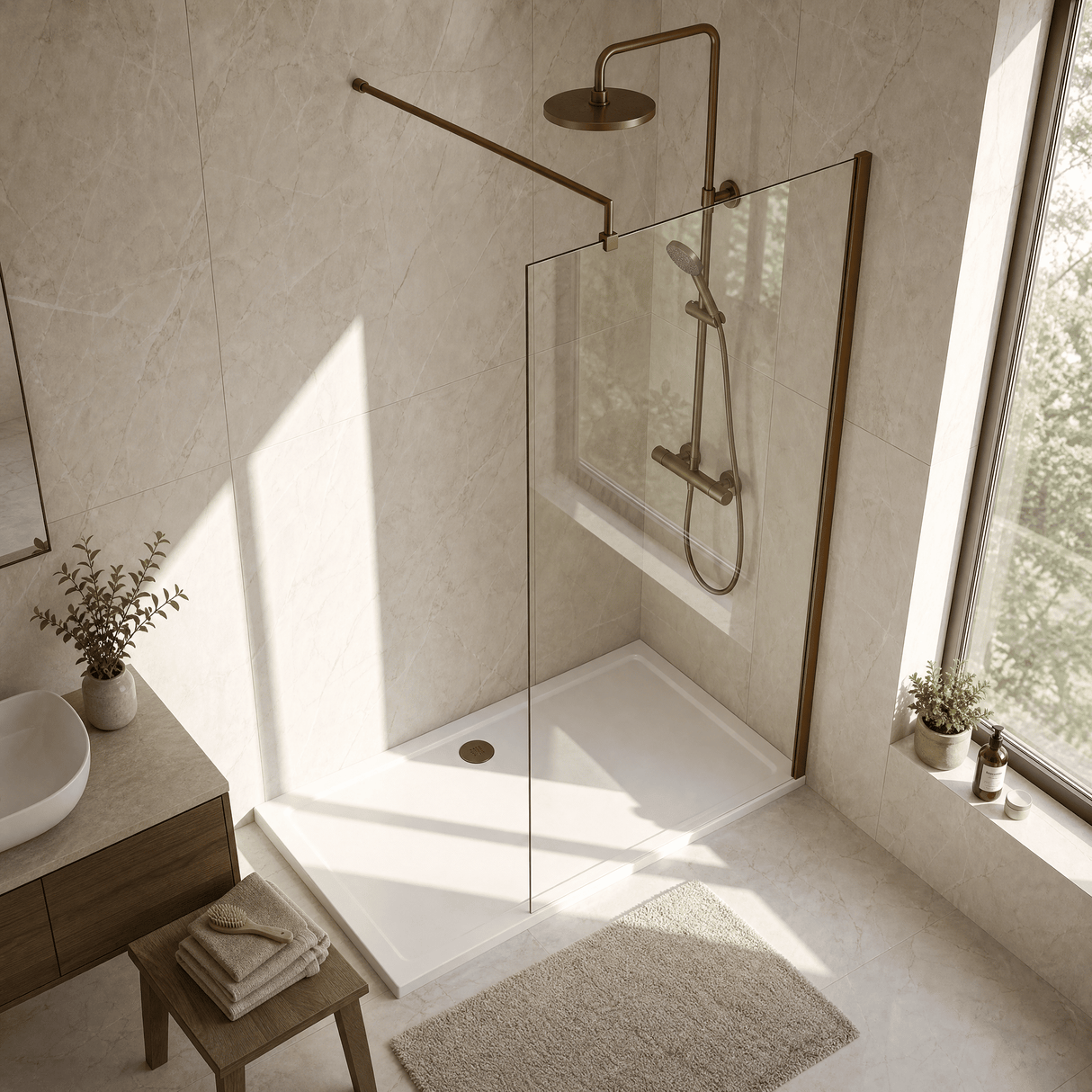 [BEWSSCBZ080] Balterley Wetroom Screen with Support Bar, 800mm, Brushed Bronze - Lifestyle 2