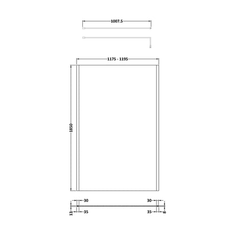 [BEWSSCOBB12] Balterley Wetroom Screen with Support Bar, 1200mm, Brushed Brass - Technical Drawing