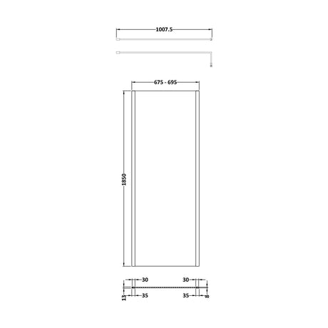 [BEWSSCOBB70] Balterley Wetroom Screen with Support Bar, 700mm, Brushed Brass - Technical Drawing