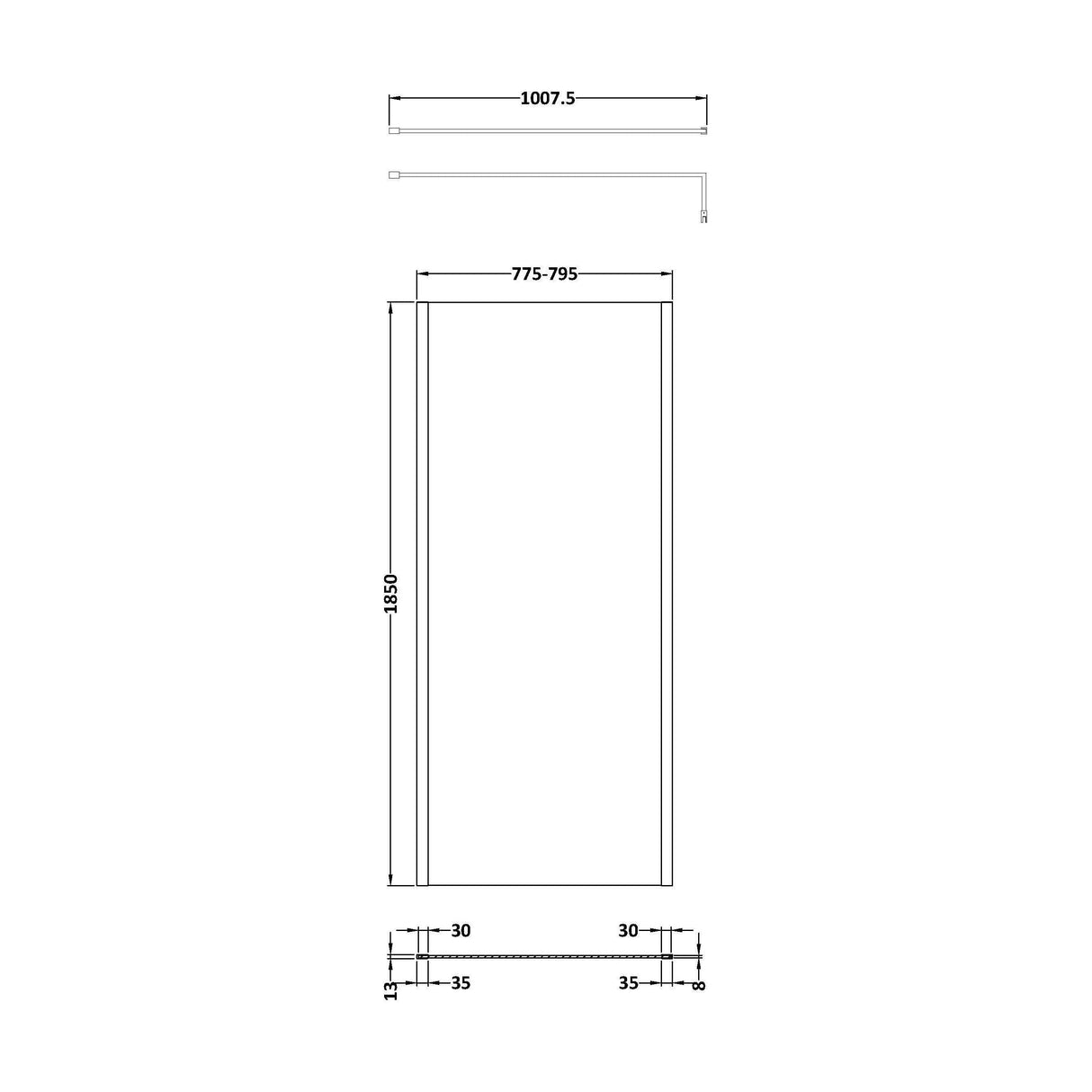 [BEWSSCOBB80] Balterley Wetroom Screen with Support Bar, 800mm, Brushed Brass - Technical Drawing