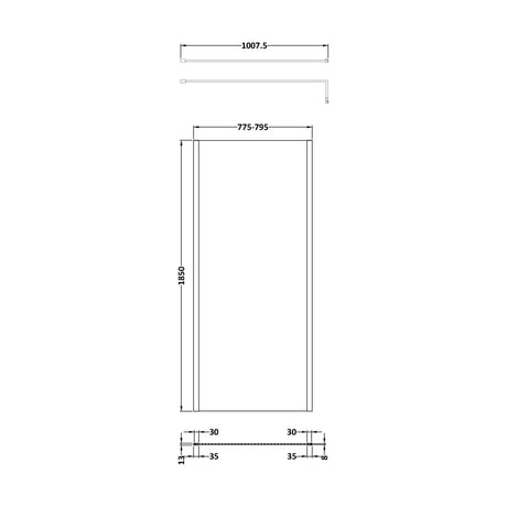 [BEWSSCOBB80] Balterley Wetroom Screen with Support Bar, 800mm, Brushed Brass - Technical Drawing