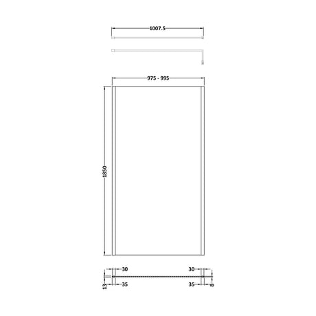 [BEWSSCOBP10] Balterley Wetroom Screen with Support Bar, 1000mm, Matt Black - Technical Drawing